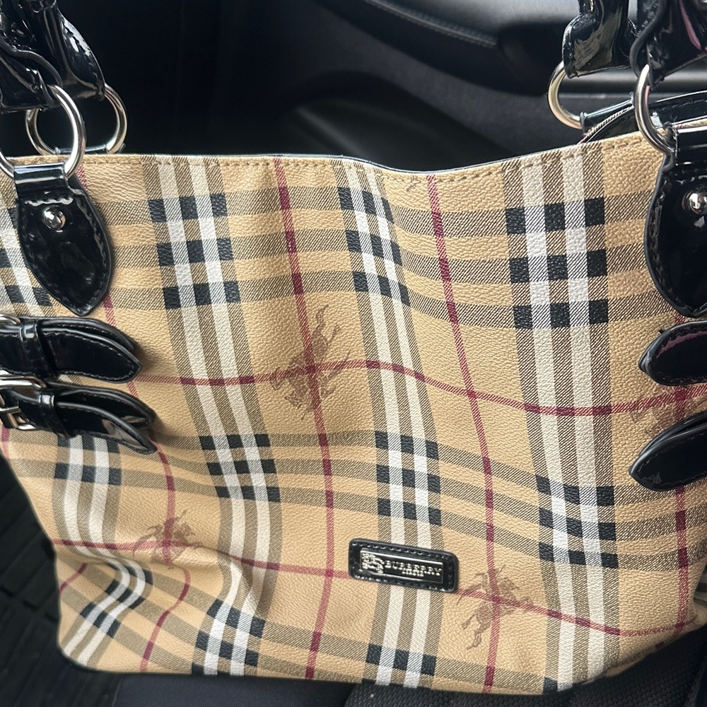 Burberry Tan Check Tote with Black Patent Trim